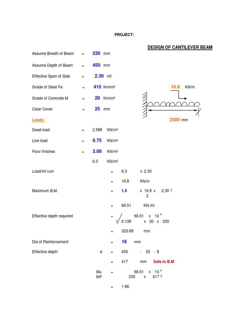 Cantilever Beam Design and Reinforcement | PDF