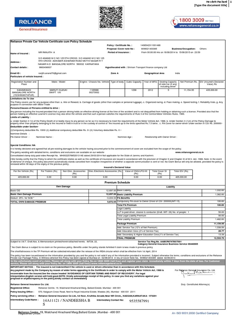 Reliance Private Car Insurance Schedule | PDF | Liability Insurance ...