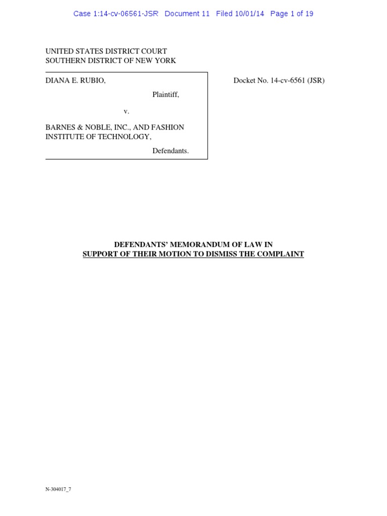 Rubio v. Barnes & Noble, FIT Motion To Dismiss PDF PDF Federal