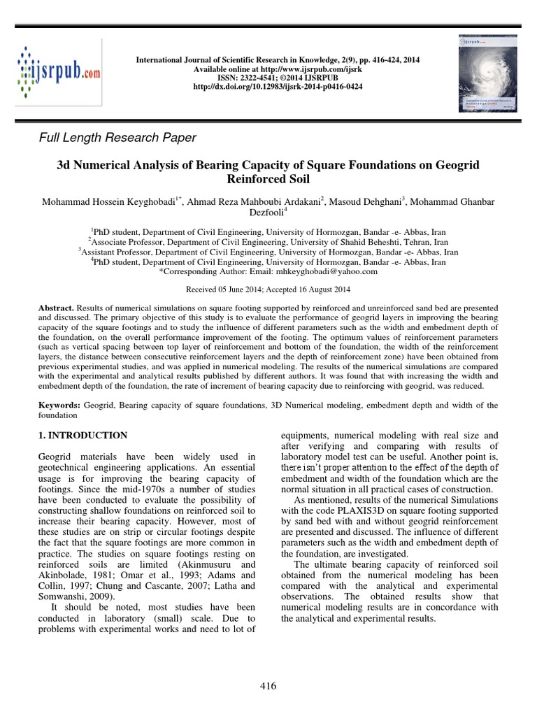 3d Numerical Analysis of Bearing Capacity of Square Foundations On ...