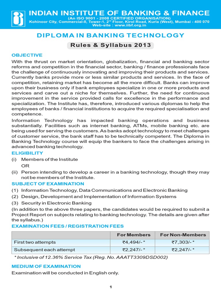 Diploma in Banking Technology PDF Banks Test (Assessment)