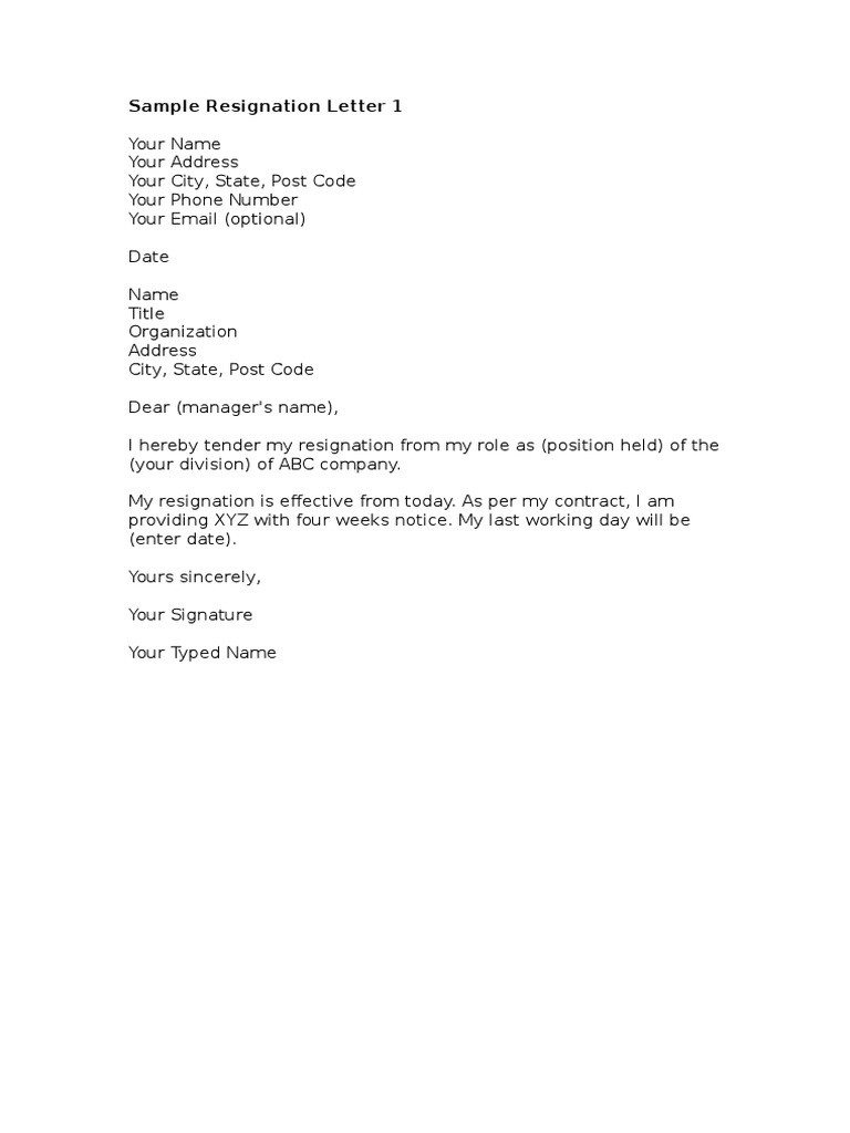 Sample Resignation Letter Simple Pdf