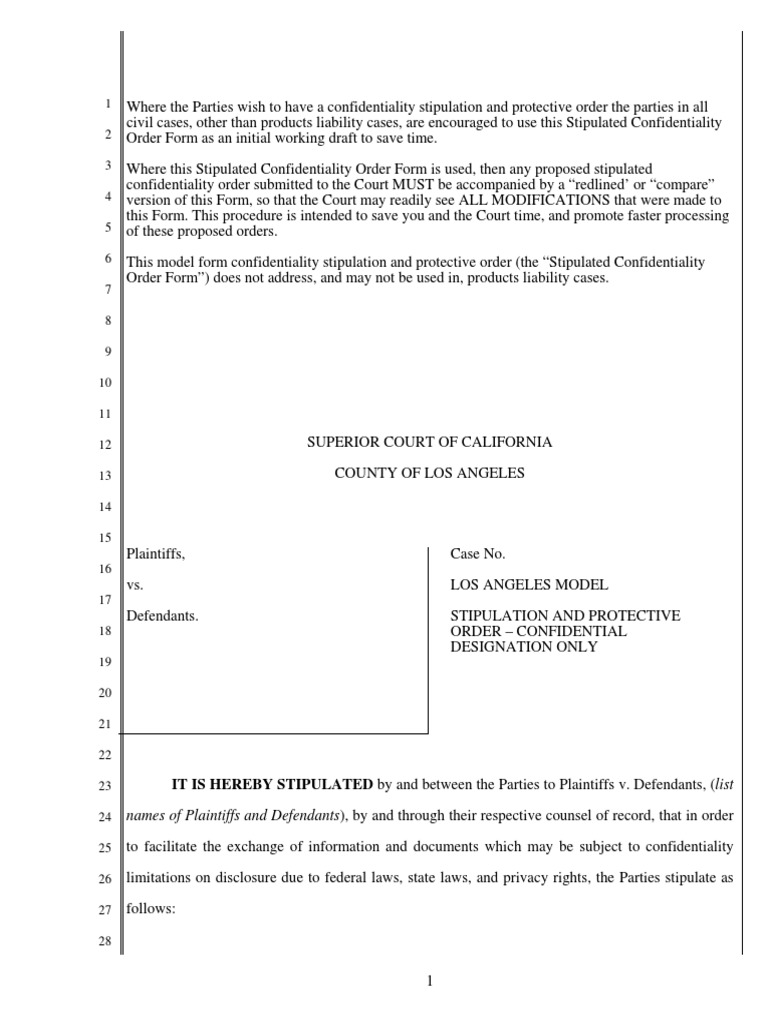 Los Angeles Confidentiality Order Template | PDF | Deposition (Law ...