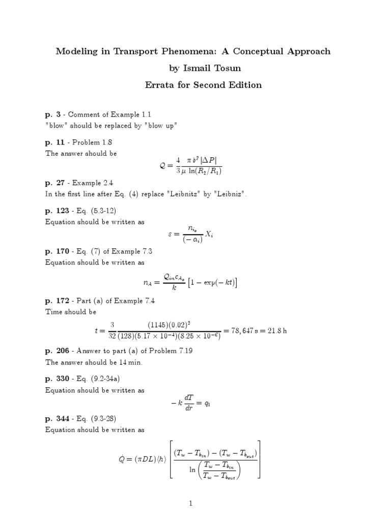 Modeling in Transport Phenomena: A Conceptual Approach by Ismail Tosun ...