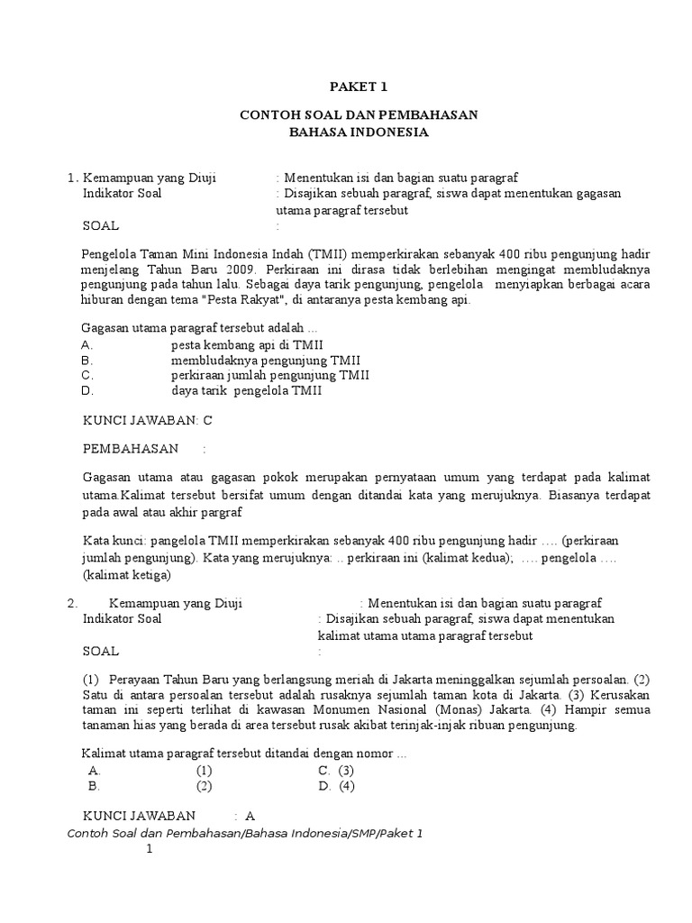 Contoh Soal Un Bahasa Indonesia Smp Pk1 Dan Pembahasannya