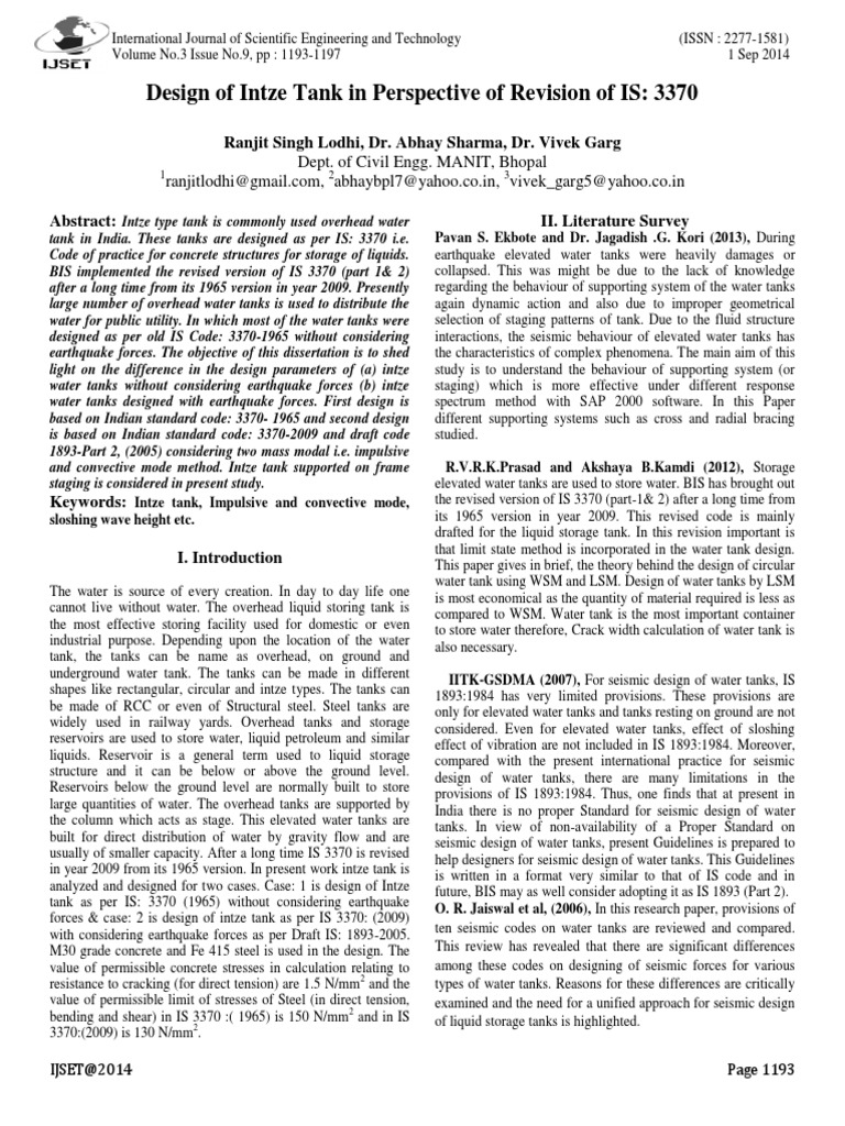 Design of Intze Tank in Perspective of Revision of IS: 3370 | PDF ...