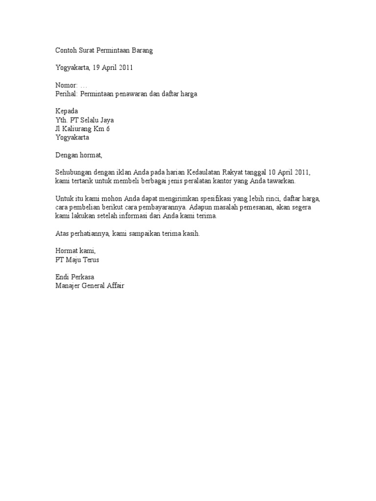Contoh Surat Permintaan Barang