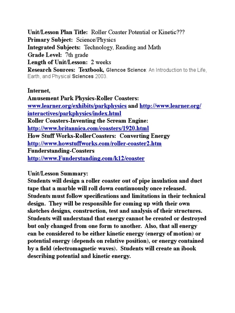 7 Rollercoaster Energy Unit Potential Energy Kinetic Energy