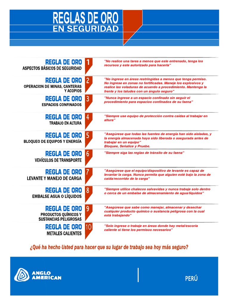 Reglas de Oro para la Seguridad Laboral | PDF | Peatonal | Teléfonos ...