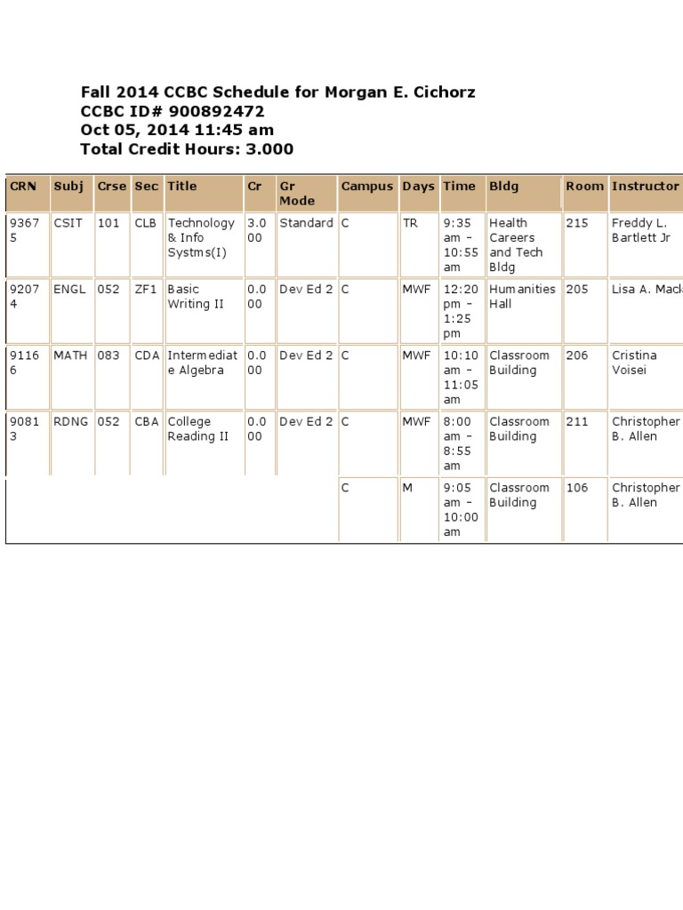 Fall 2014 CCBC Schedule For Morgan e | PDF | Technology & Engineering