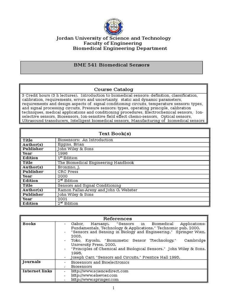 Biomedical Sensors Syllabus BP 01 PDF Biosensor Sensor