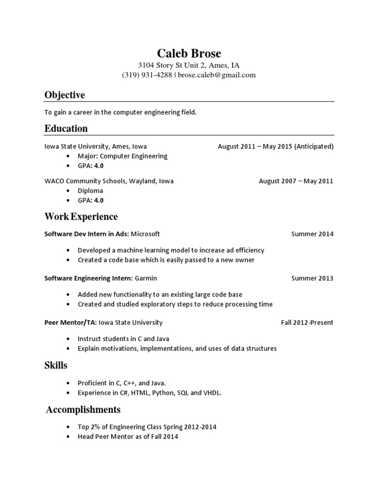Computer Engineering Resume of Caleb Brose | PDF