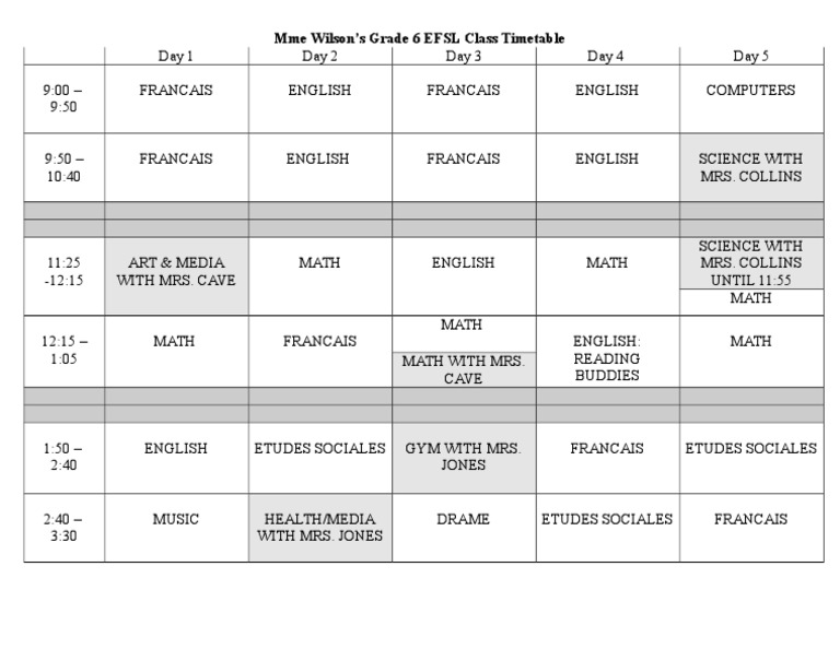 Grade 6 EFSL Class Schedule | PDF | Language Arts & Discipline | Art