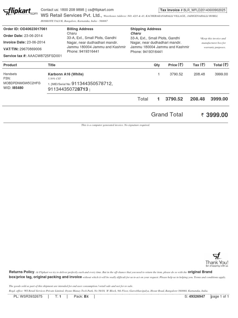 WS Retail Services Pvt. LTD.,: Grand Total | PDF