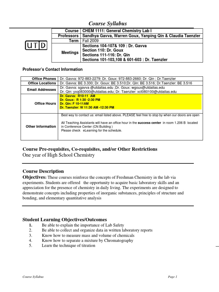 UT Dallas Syllabus For Chem1111.106.09f Taught by Sandhya Gavva (Sgavva ...