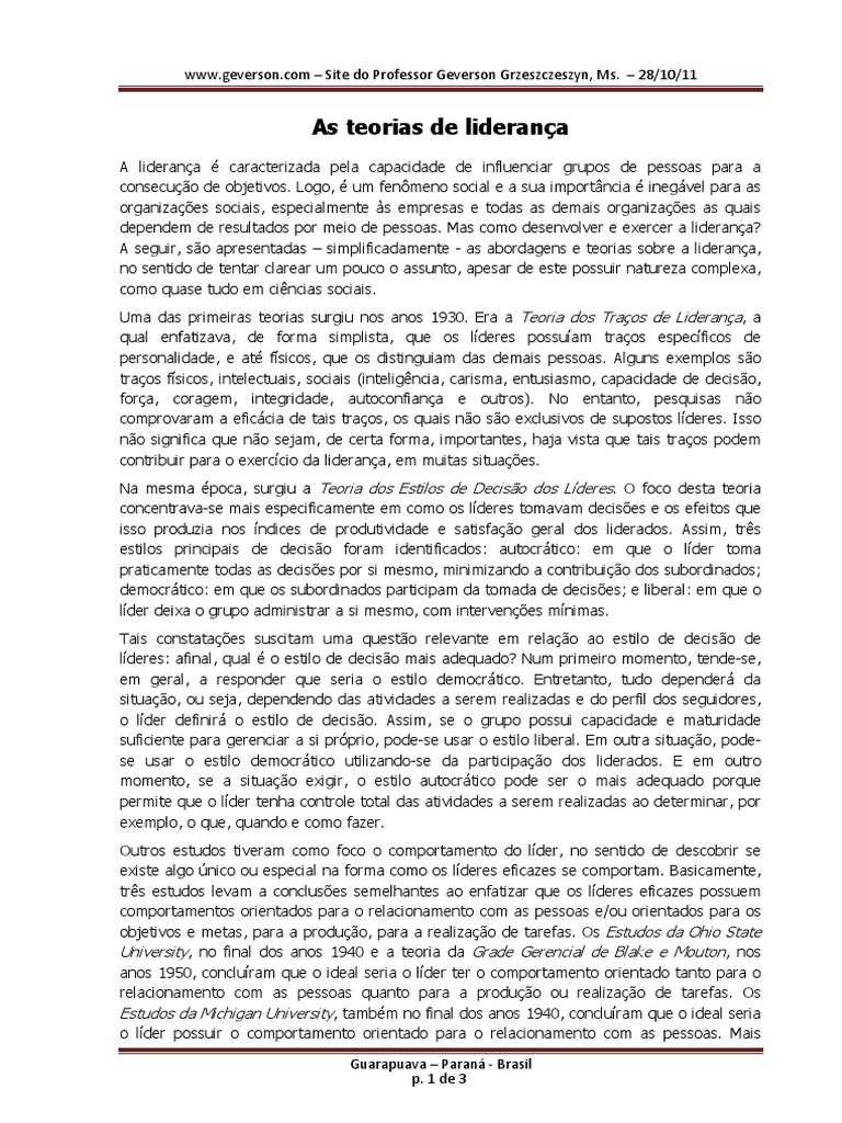 Teorias de Liderança e Seus Estilos | PDF | Ação (Filosofia) | Liderança