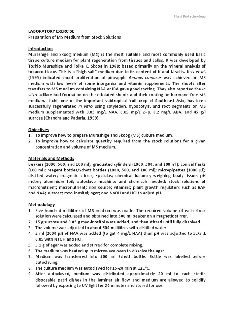 Preparation of MS Medium From Stock Solution | Agar ...