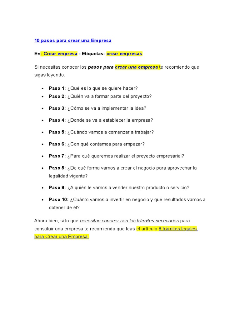 10 Pasos para Crear Una Empresa | PDF