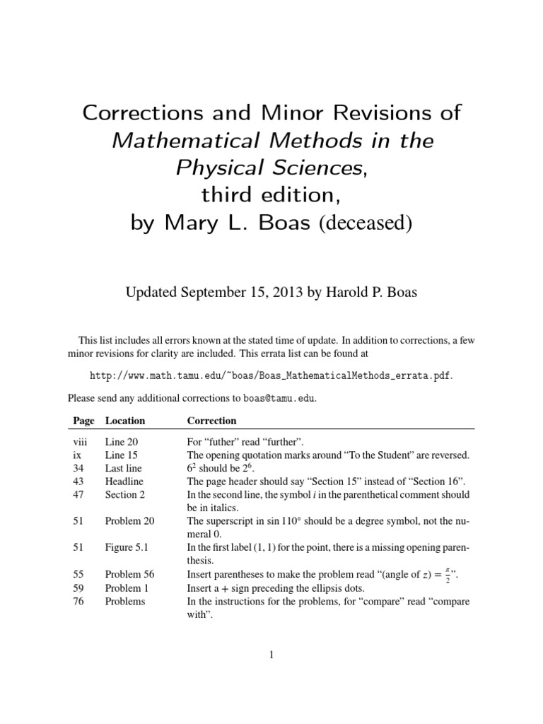 Corrections and minor revisions of mathematical methods in the physical