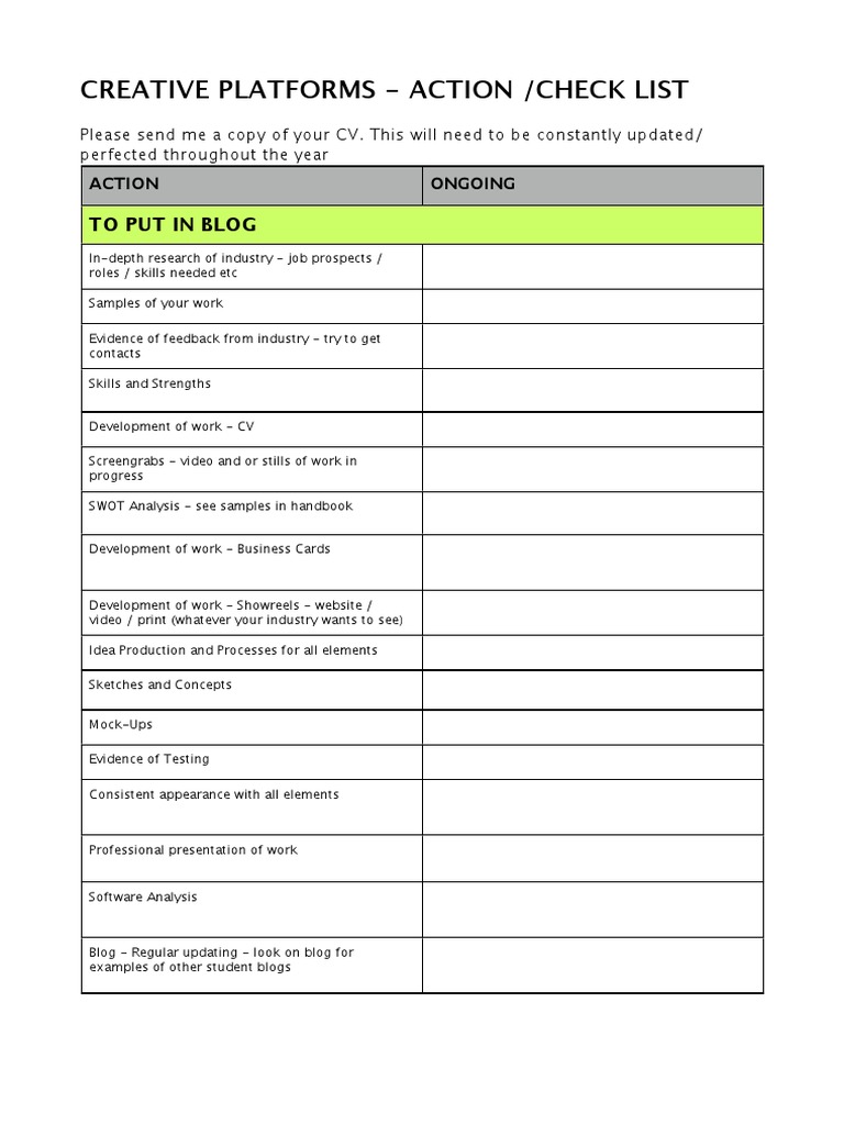 Creative Platforms - Action /check List: To Put in Blog To Put in Blog ...
