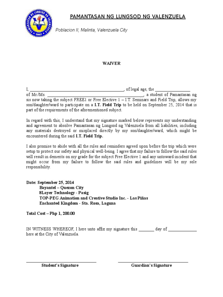 Field Trip Waiver Sample PDF Nature