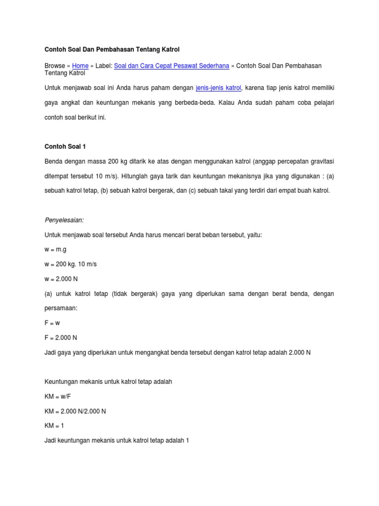 Contoh Soal Dan Pembahasan Tentang Katrol