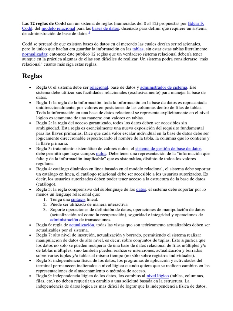 12 Reglas de Codd para Bases de Datos Relacionales | PDF | Modelo ...