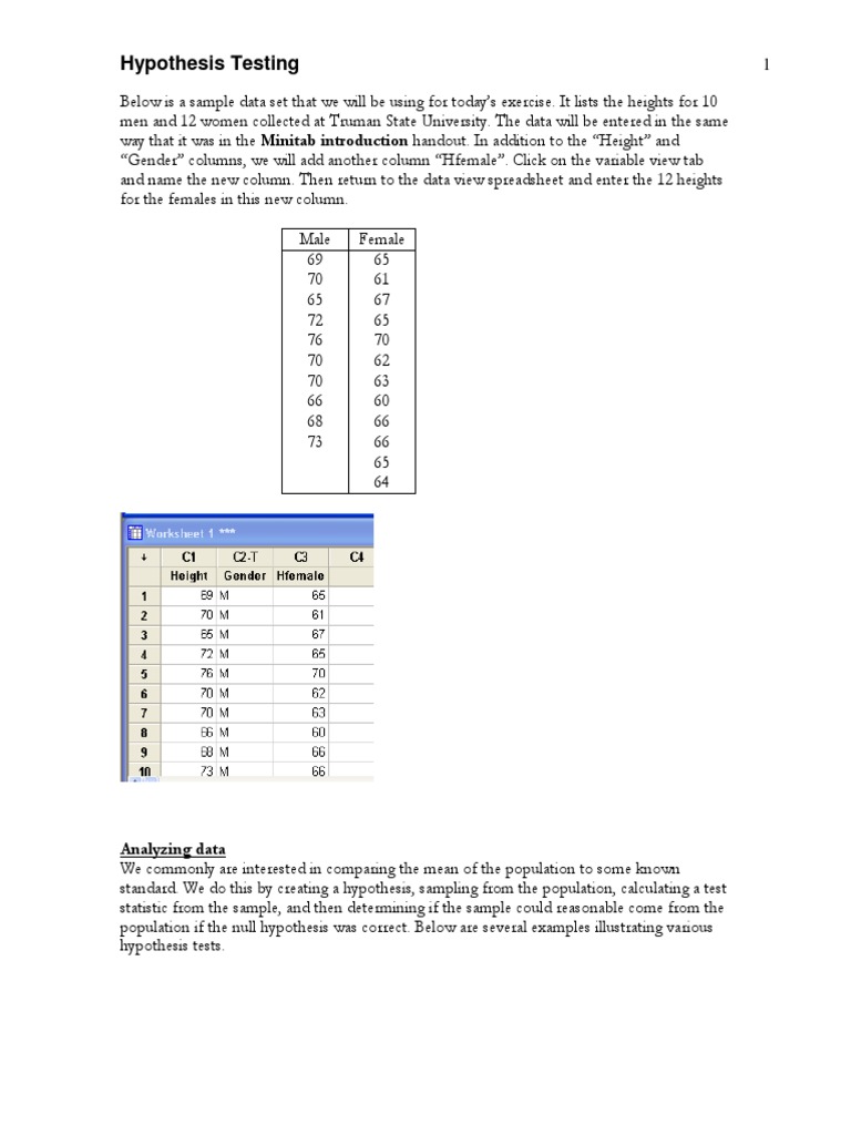 Minitab Hypothesis Testing PDF Statistical Hypothesis Testing P Value