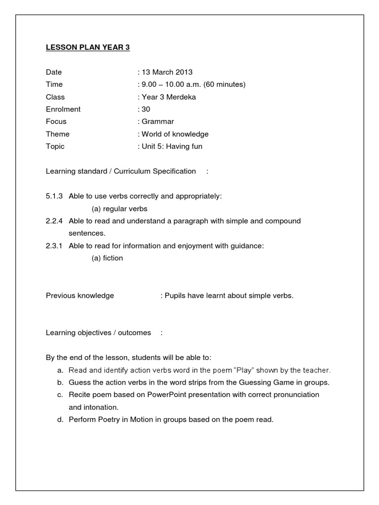 Year 3 Grammar Lesson Plan: Action Verbs | PDF | Lesson Plan | Epistemology