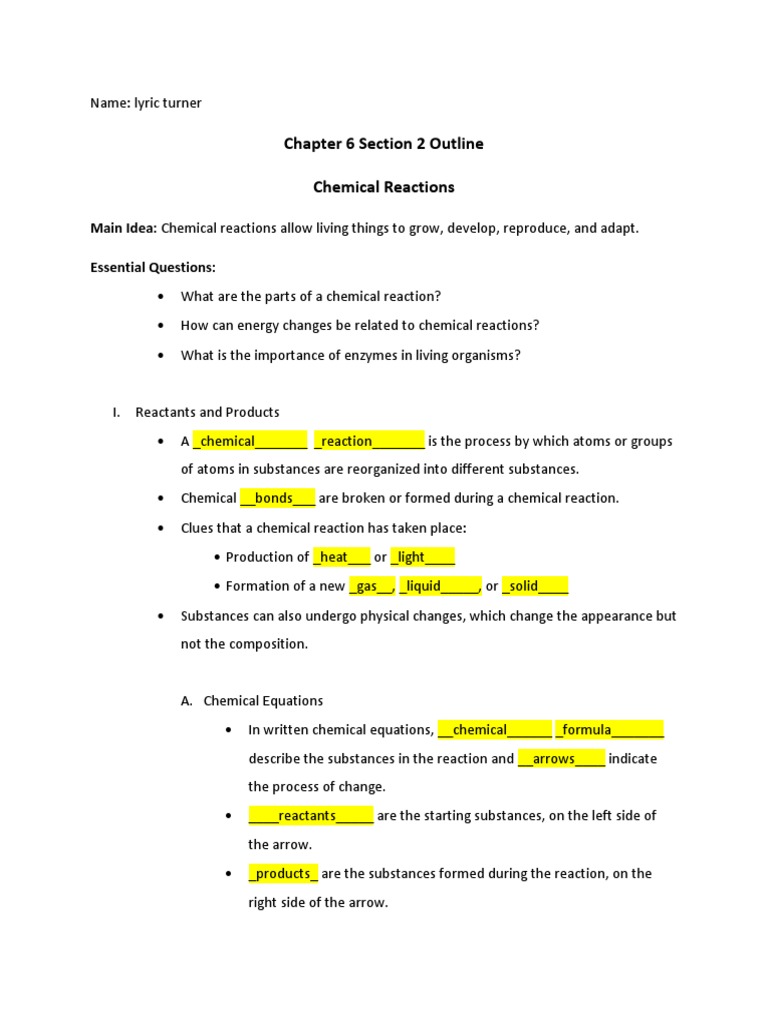 Chapter 6 Section 2 Outline | PDF | Chemical Reactions | Product ...
