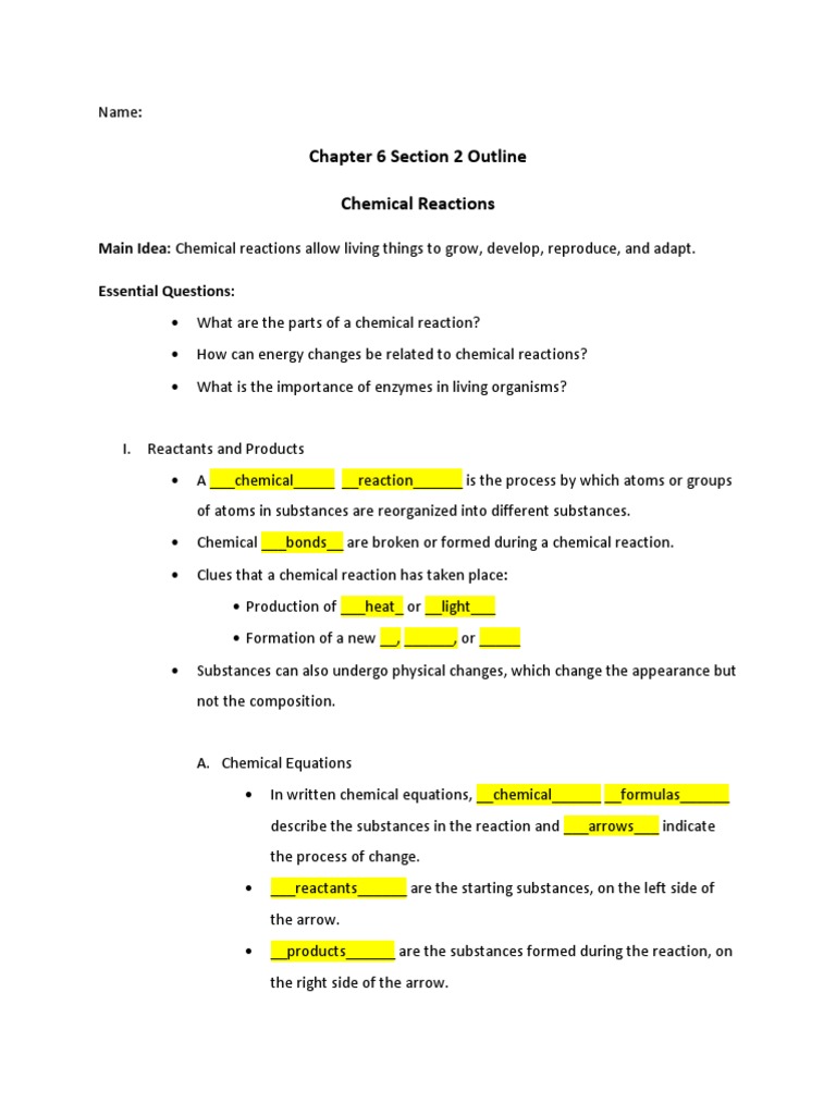 Chapter 6 Section 2 Outline | PDF | Chemical Reactions | Product ...