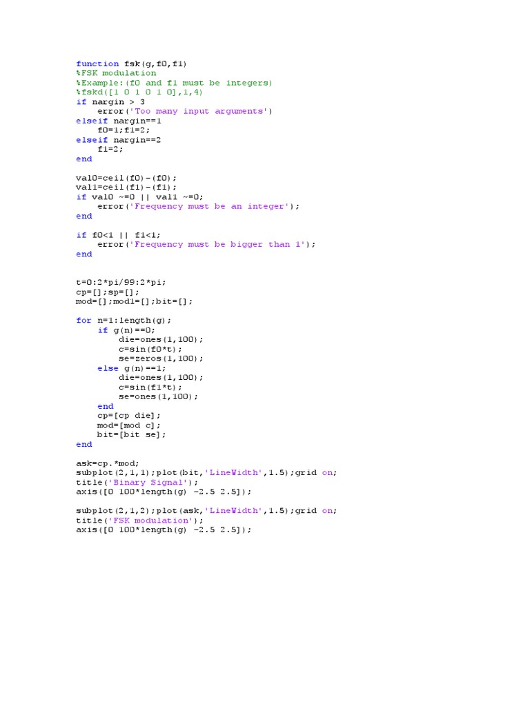 'Too Many Input Arguments': %FSK Modulation %example: (f0 and f1 Must ...