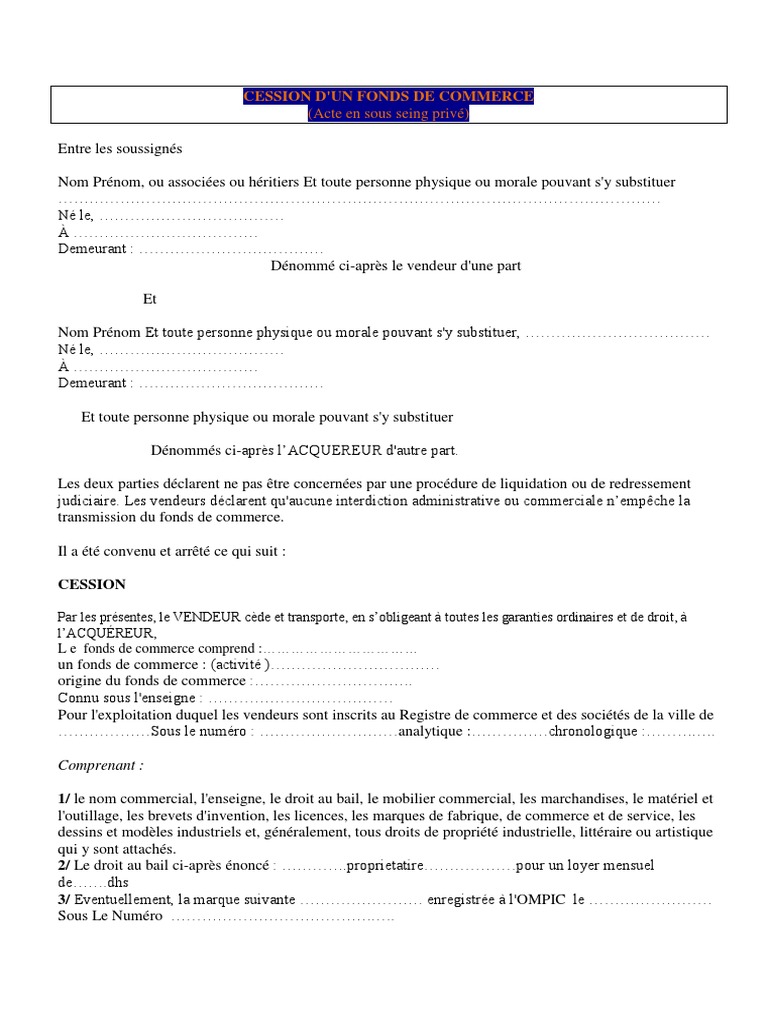 Modele Compromis De Vente Fond De Commerce Pdf