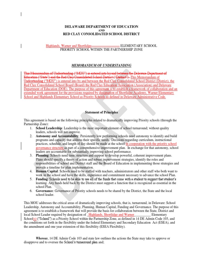Red Clay School District Draft Priority Schools MOU PDF Leadership Elementary And