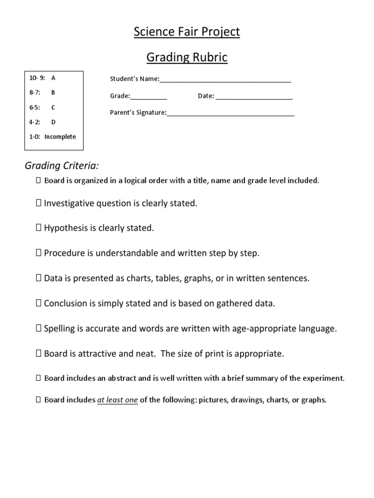 Science Fair Project Rubric PDF