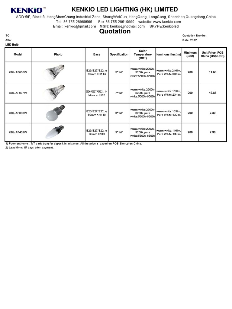 Quotation: Kenkio Led Lighting (HK) Limited | PDF | Technology ...
