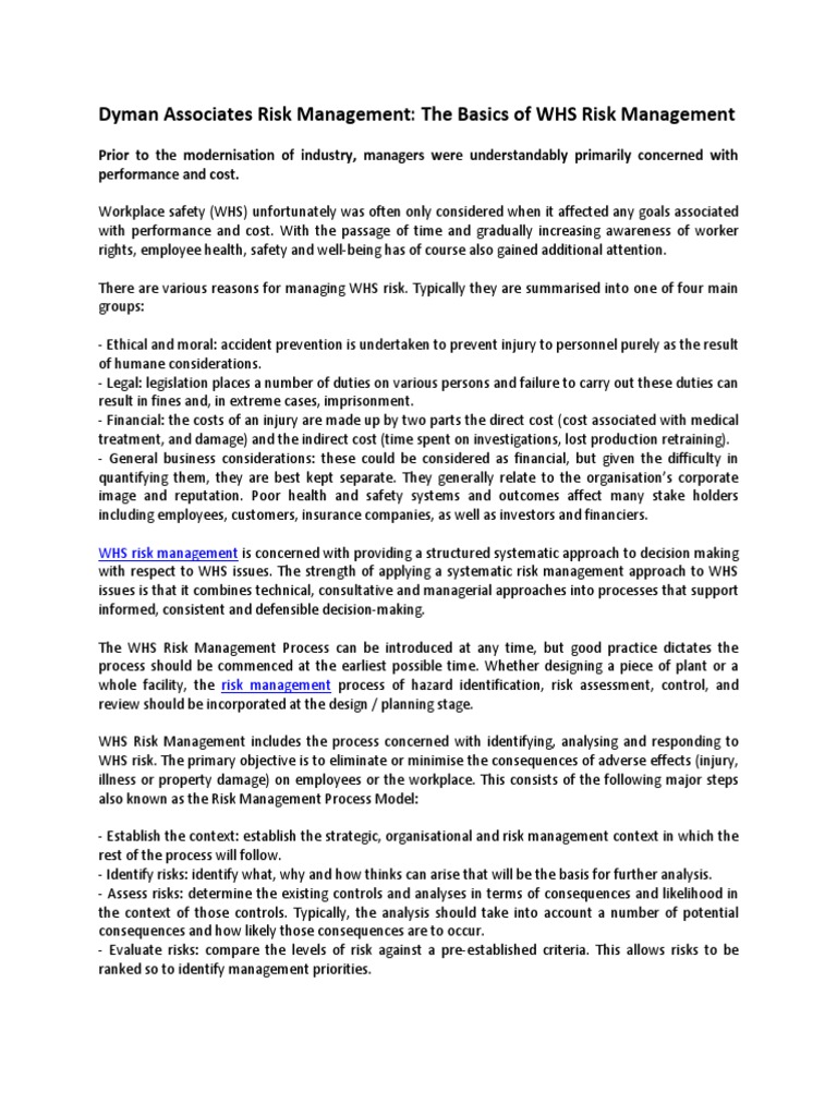 Dyman Associates Risk Management The Basics of WHS Risk Management | PDF
