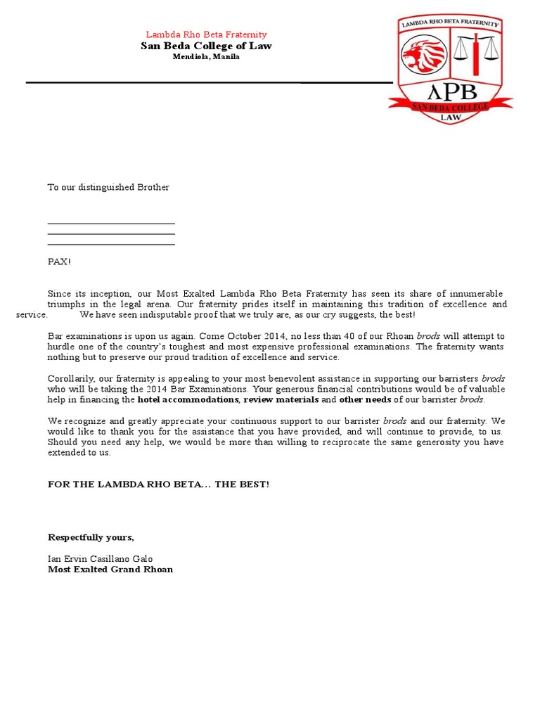 San Beda College of Law: Lambda Rho Beta Fraternity | PDF