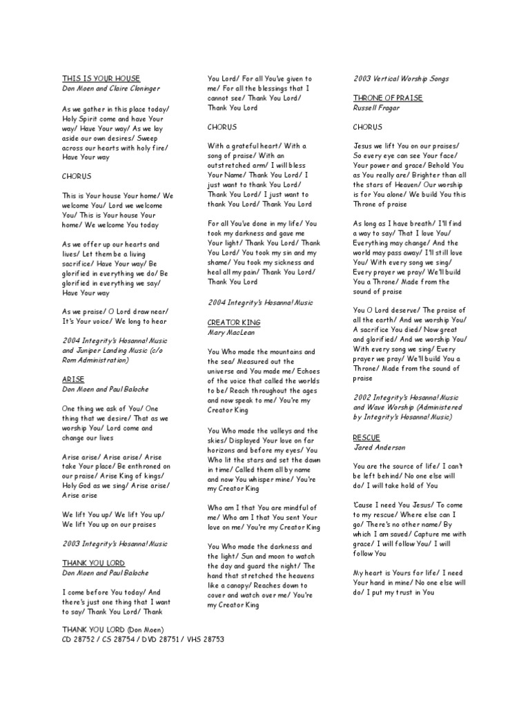 Don Moen lyrics Thank You Lord Lamb Of God Jesus