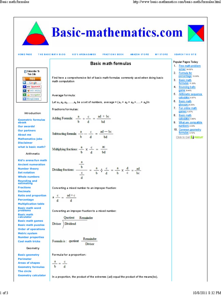 Basic Math Formulas: Average Formula | PDF | Area | Fraction (Mathematics)