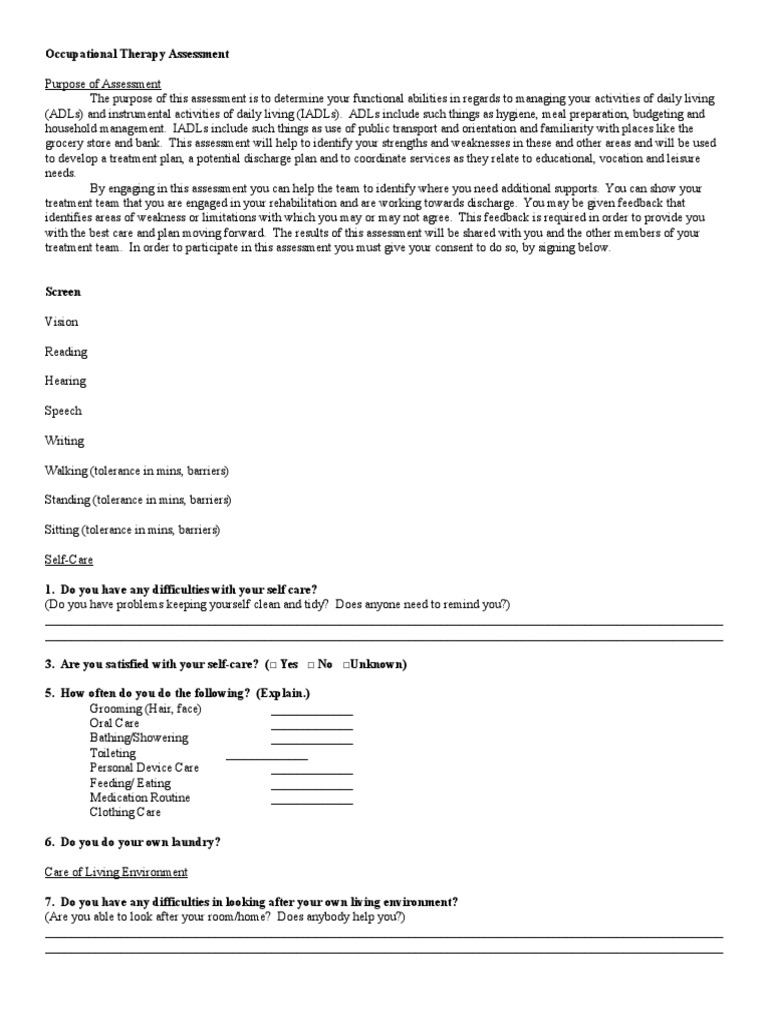 Occupational Therapy Assessment Guide | PDF | Home Appliance ...