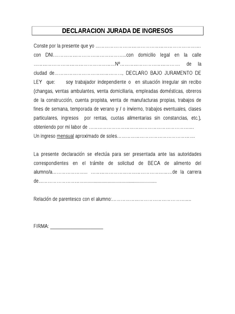 Declaracion Jurada de Ingresos | PDF