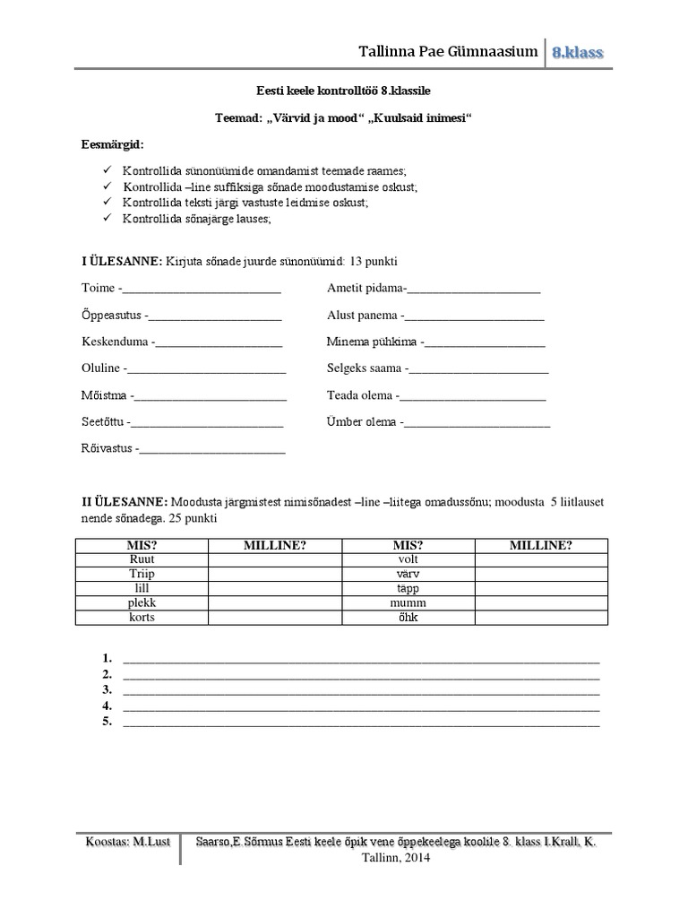 Eesti Keele Kontrolltöö 8.klassile PDF