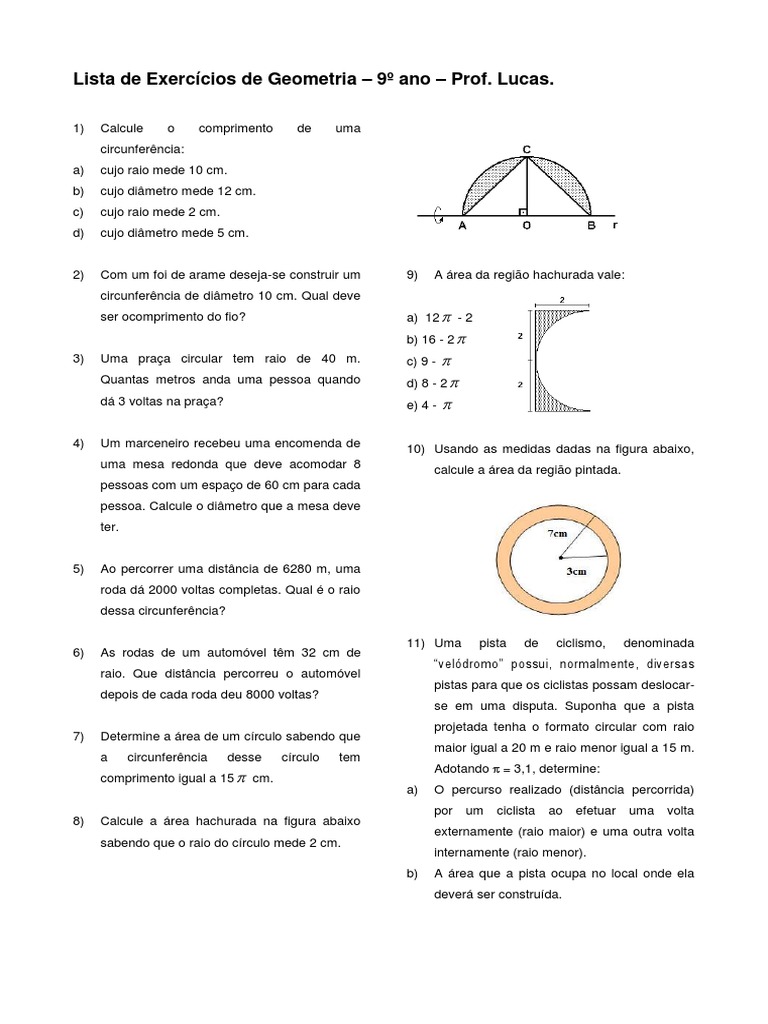 Exercícios de Círculo e Circunferência - 9º Ano | PDF | Círculo | Geometria