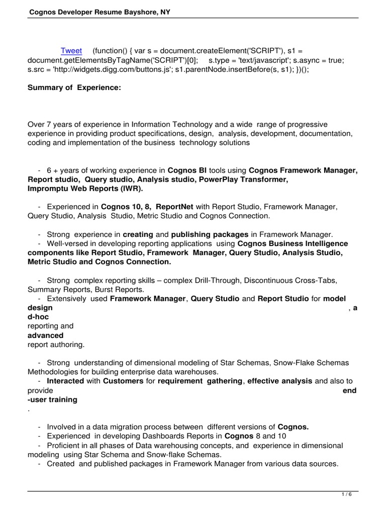 Cognos Developer Resume Overview | PDF | Business Intelligence | Ibm Db2