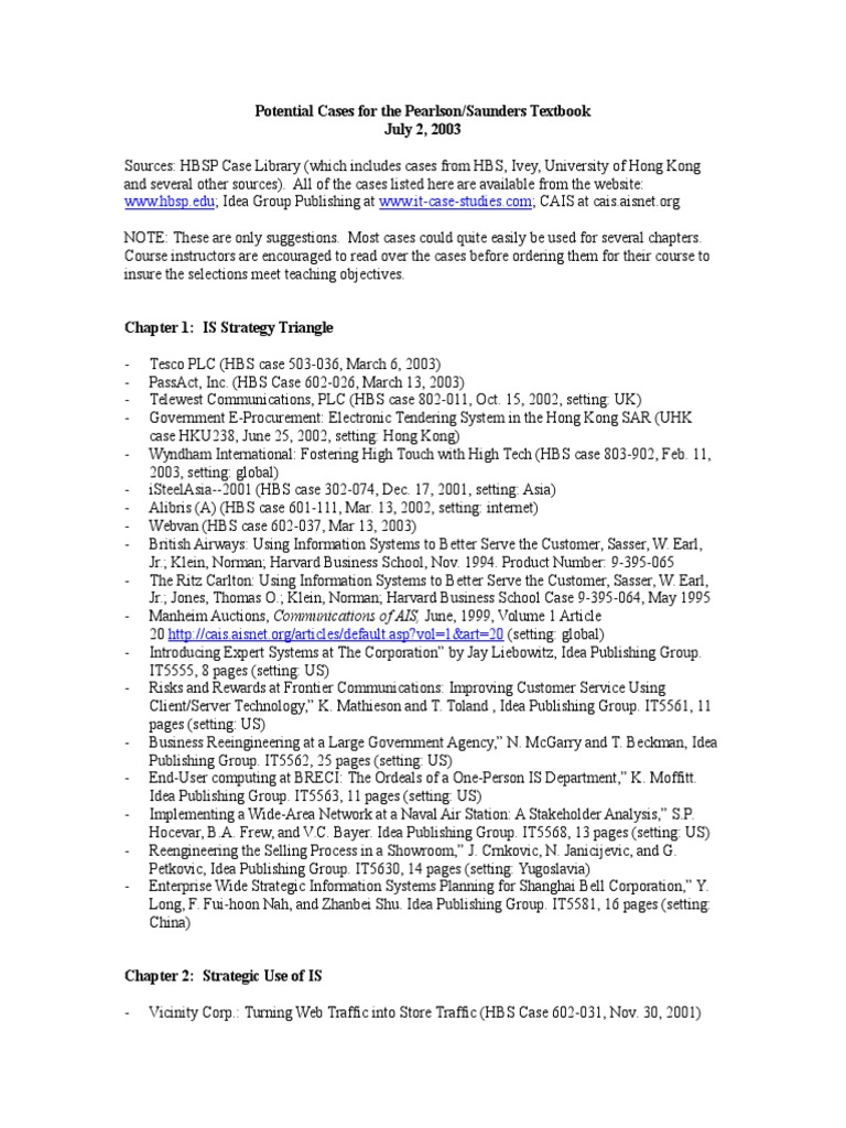 WWW - Hbsp.edu: Potential Cases For The Pearlson/Saunders Textbook July ...