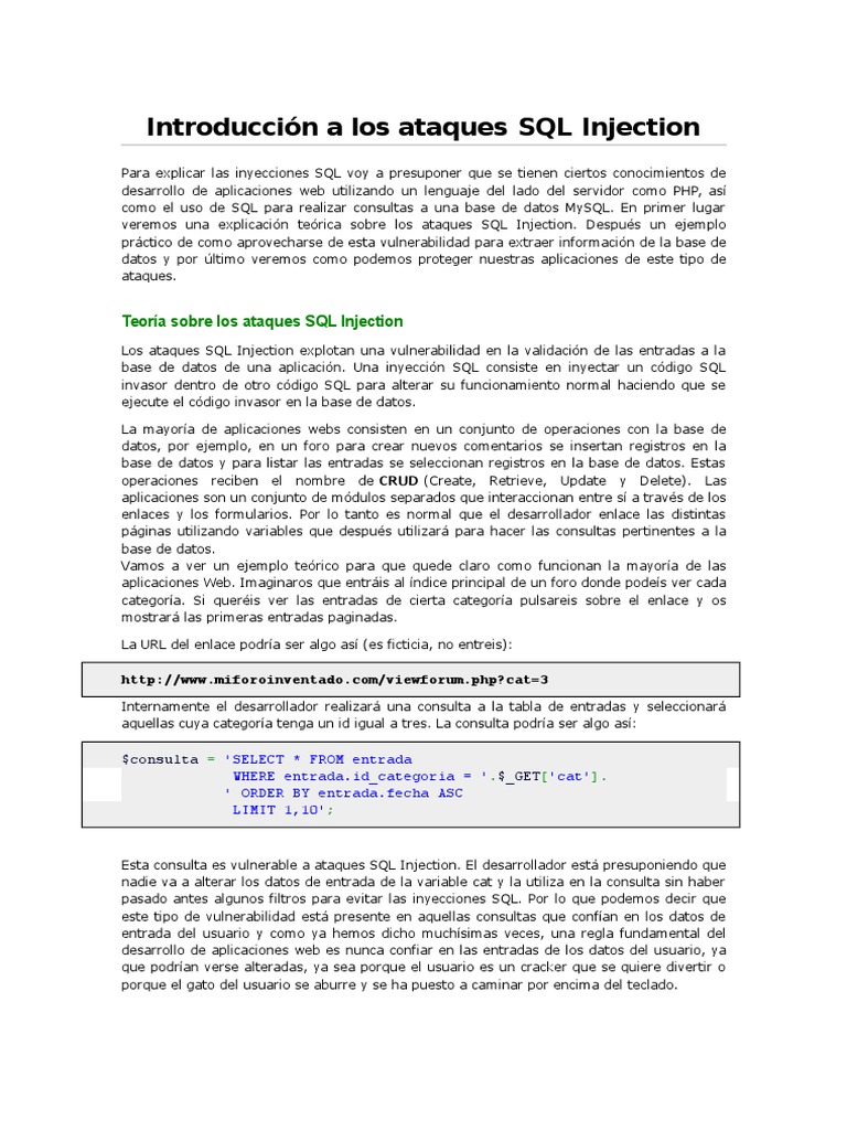 Introducción a SQL Injection y su Prevención | PDF | SQL | Tecnologías ...