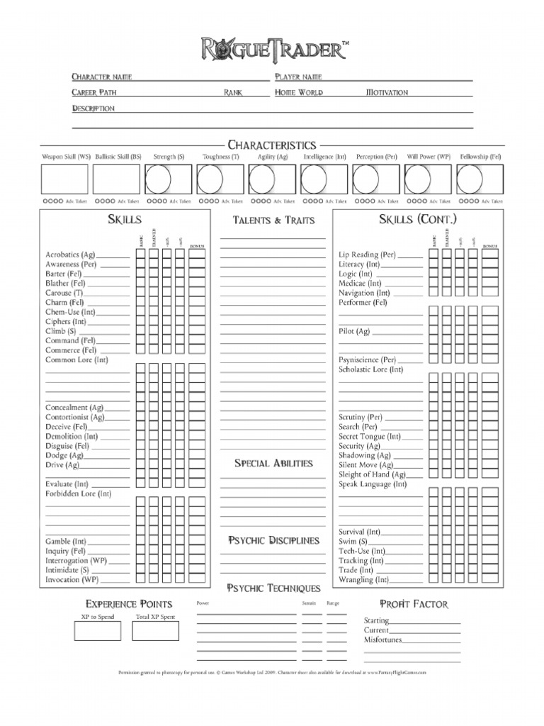 Rogue Trader Character Sheet Printer Friendly