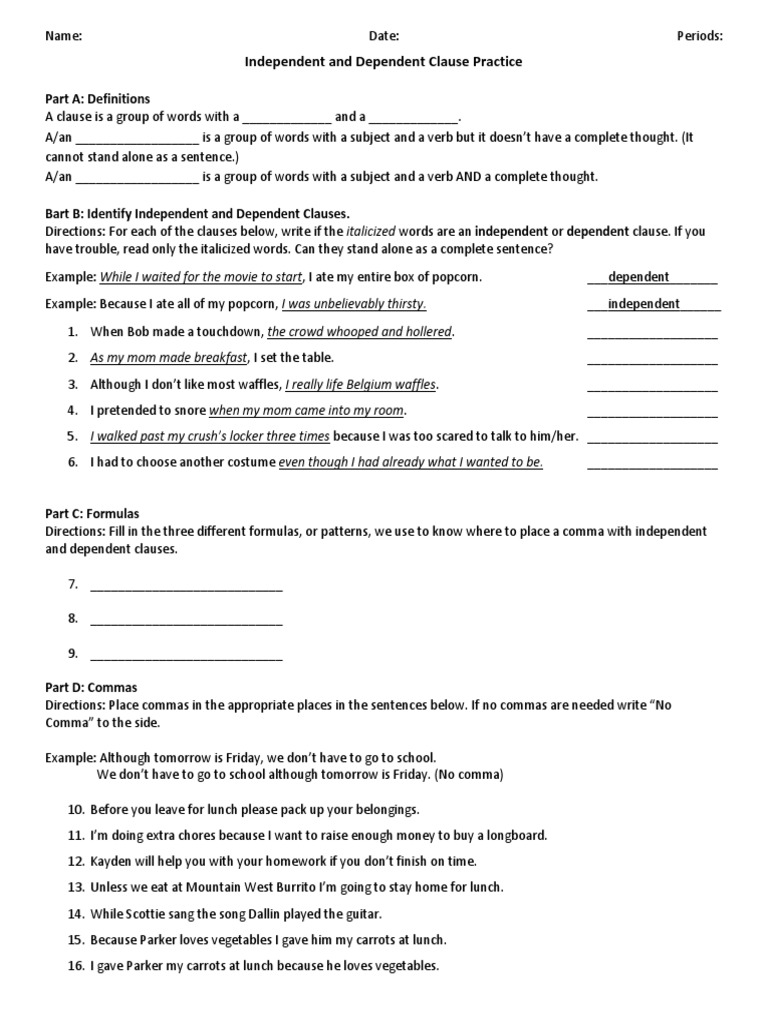 Independent and Dependent Clauses Practice | PDF | Comma | Sentence ...