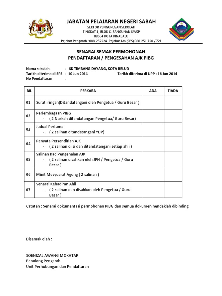 Senarai Semak Permohonan Daftar Pibg Pdf